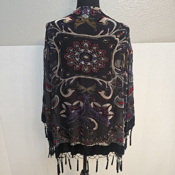 JBS LTD Vintage Kimono Velvet Burnout Sz 3X Fringe Beaded Bohemian Festival W486 - Picture 5 of 10